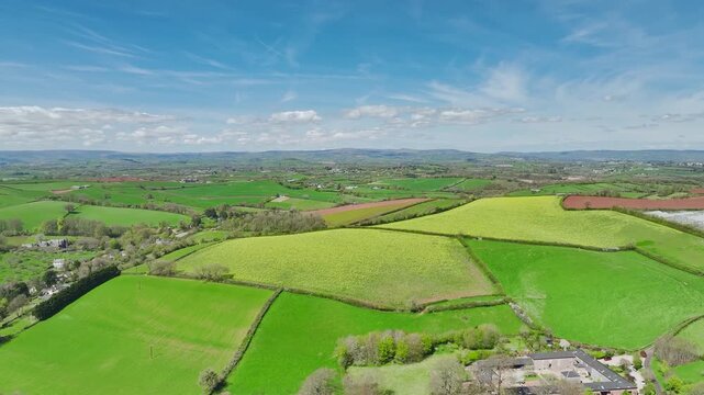 Fields and Farmlands at spring from a drone, Devon, England, United Kingdom