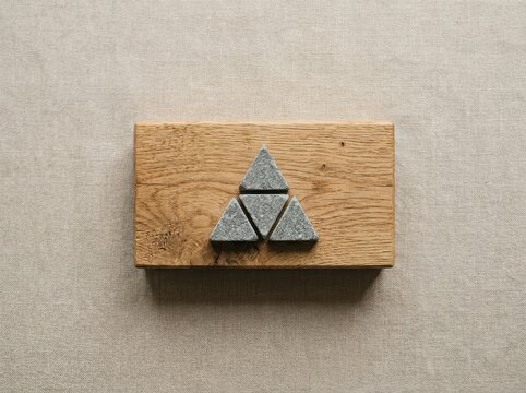 Wooden block with geometric stone triangles arranged