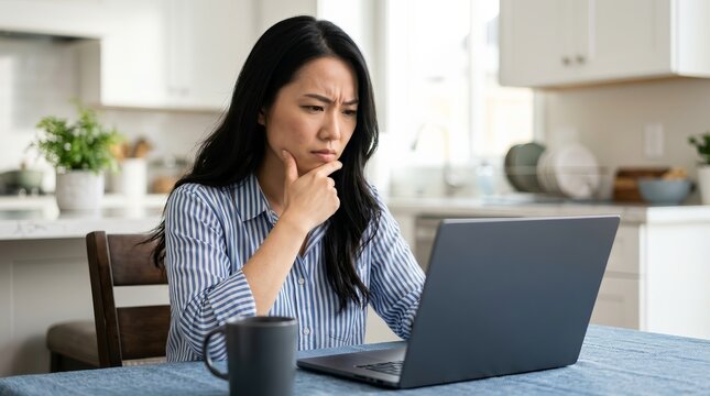 A skeptical Asian woman works on her laptop at a kitchen table with a coffee mug.
