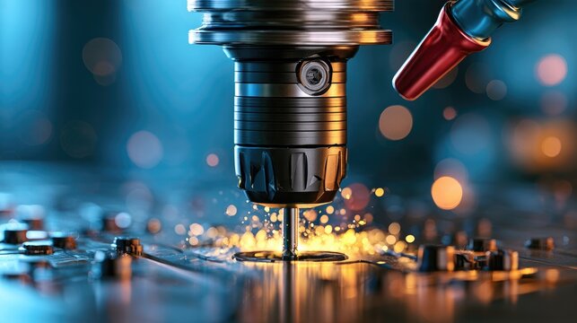 Precision machining tool with cutting fluid spraying and sparks flying in an industrial manufacturing setting highlighting metalworking technology