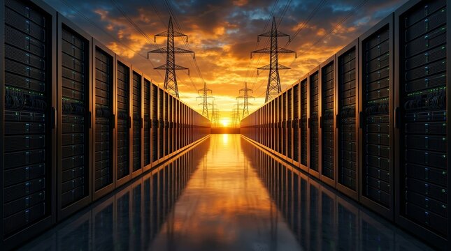 Network and data storage concept featuring server racks and electrical pylons at sunset.