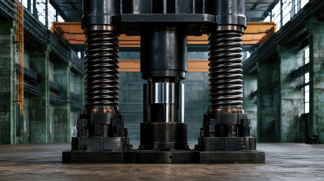 Industrial Hydraulic Press with Heavy Springs in a Large Factory Setting Featuring a Textured Floor and Dim Lighting for Machinery Photography