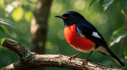 Fototapeta premium Small bird sits on tree branch in green forest. Colorful wildlife animal with black head, orange chest rests in natural garden. Spring season outdoor nature background with soft sunlight on wild bird