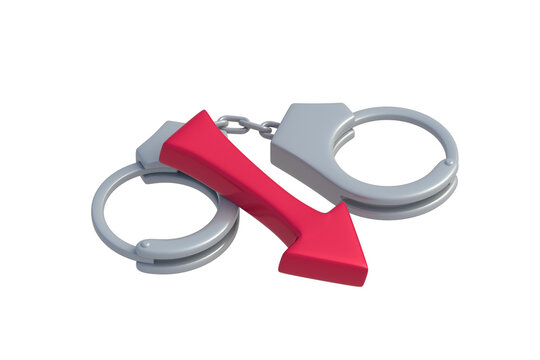 Declining crime rates. Reduction of illegal activities. Decreasing arrest statistics. Minimization of criminal risks. Police handcuffs beside downward arrow isolated on white background. 3d render
