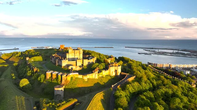 Dover Castle from a drone, White Cliffs, Dover, Kent, England, United Kingdom