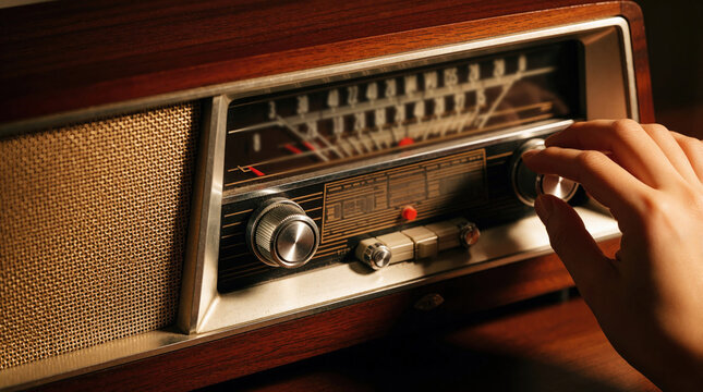 Hand turns knob on vintage analog radio receiver. Close-up view of wooden tuner panel, searching for music station. Old-fashioned tech provides audio.