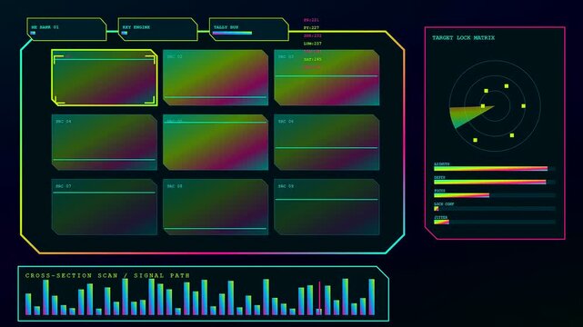 Digital broadcast switcher interface displaying active video signal monitoring panels with graphical radar target lock indicators and scrolling waveform data metrics in a sleek dark environment
