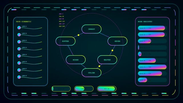 A digital broadcast switcher monitoring graphical node registry data on screens to indicate progress while cycling through varied system interface views in a glowing neon workspace