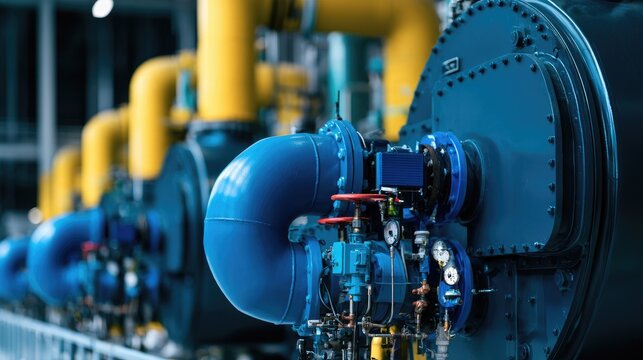 Industrial machinery with blue pumps and yellow pipes in a production facility emphasizing engineering and technology in modern manufacturing processes.