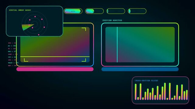 A broadcast switcher screen interface displays moving radar patterns and digital monitor windows with neon gradients shown across three distinct panels in this dark virtual computing environment