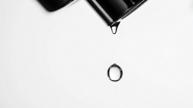 Black liquid drops from metal faucet. Single drop falls on white surface. Concept of money loss through hidden subscription fees wasted resources. Slow financial drain represents small expenses