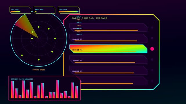 A digital broadcast switcher interface features rotating radar sweeping patterns with glowing neon light segments and bar charts shown in a sequence of three motion shots
