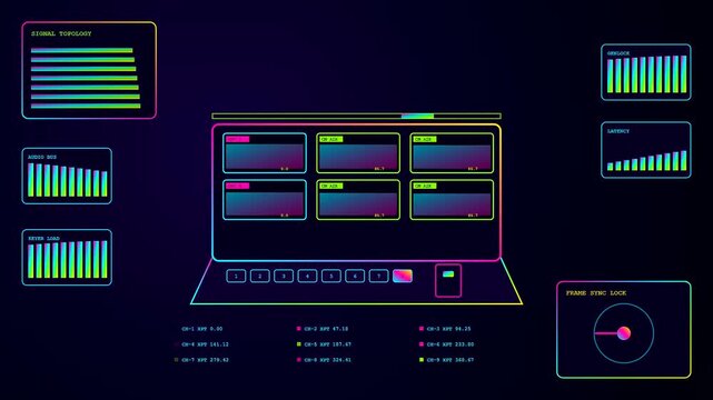 A broadcast switcher screen displays changing data streams with neon digital graphs and glowing interface panels set against a deep dark navy blue environment background
