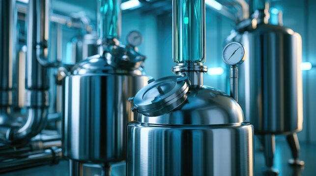 Modern Industrial Distillation Equipment with Glass Columns and Pressure Gauges in a High-Tech Factory Setting for Chemical Processing and Research