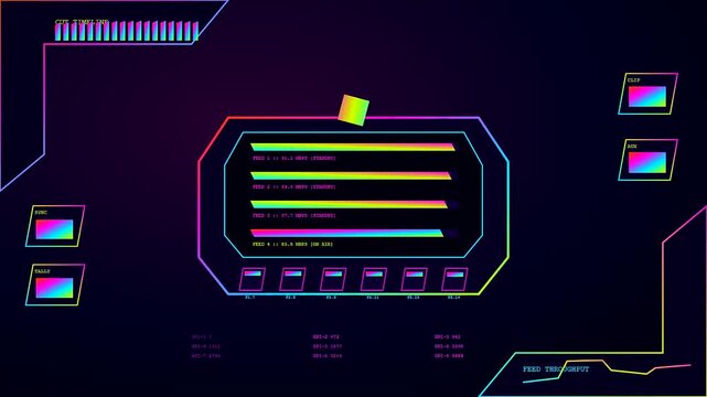 A broadcast switcher interface displaying digital data graphs and information streams in a dynamic cinematic sequence showcasing rapid movement of colorful neon glowing analytical screen elements