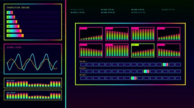 A modern broadcast switcher interface with shifting digital audio levels and signal wave monitors display changing vibrant rainbow neon light patterns on a dark screen