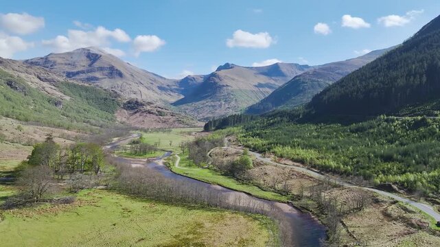Glen Nevis Valley and River Navis from a drone, Fort William, Lochaber, Highland, Scotland, UK