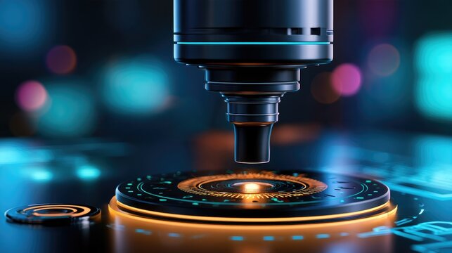 High-Tech Close-Up of Advanced Laser Pointer Projecting Bright Light on Dark Circular Surface in Futuristic Setting with Vibrant Colors