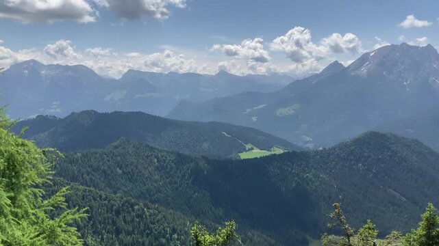 Panorama of the Berchtesgaden Alps from Hoher G&ouml;ll over Watzmann to Hochkalter, sound of buzzing insects, seen from the Lattengebirge, Bavaria, Germany