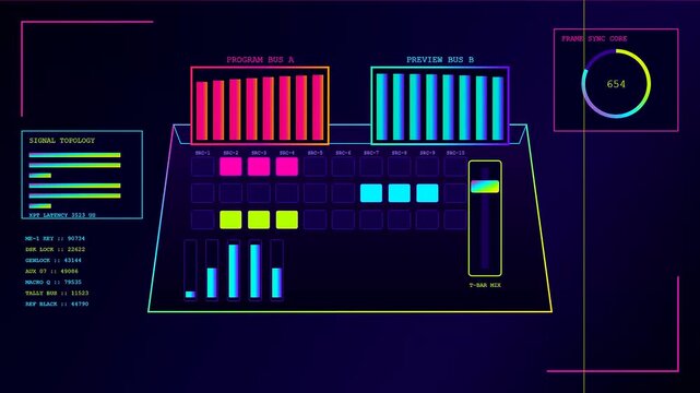 Neon bars flicker across a digital broadcast switcher interface display that cycles through various signal data metrics and vibrant color patterns in a dark creative studio environment