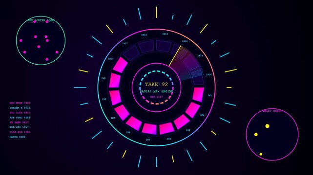 A digital broadcast switcher interface displays animated circular gauges and glowing data points during a complex production workflow showing active media streams in a modern room