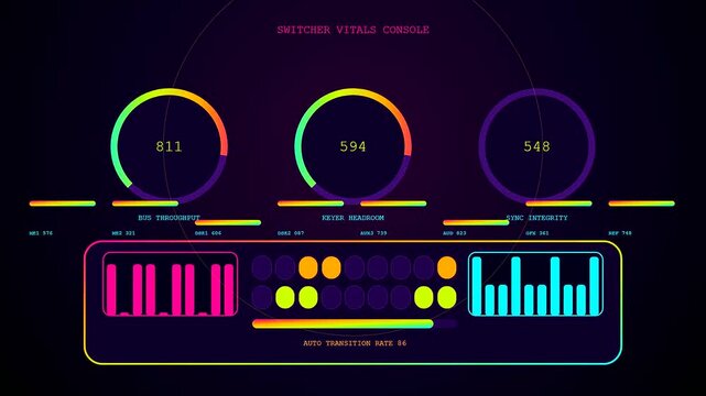 A broadcast switcher display shows multiple circular data indicators with fluctuating pink and blue frequency bars moving in real time across three separate dark digital interface screens