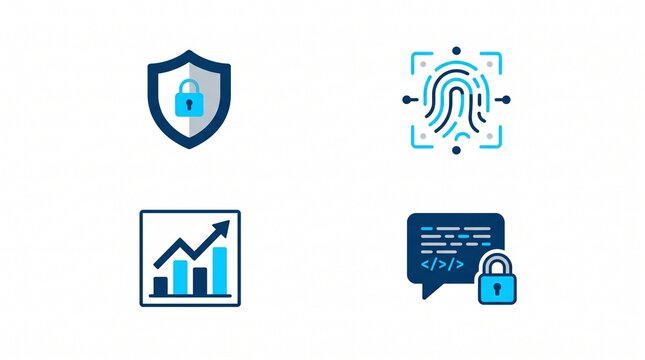 Modern cybersecurity and business technology icon set featuring a security shield, fingerprint, analytics chart, and encrypted digital data.