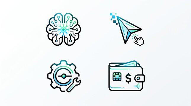Modern business icon collection featuring artificial intelligence, paper airplane communication, settings, and digital payment concepts.