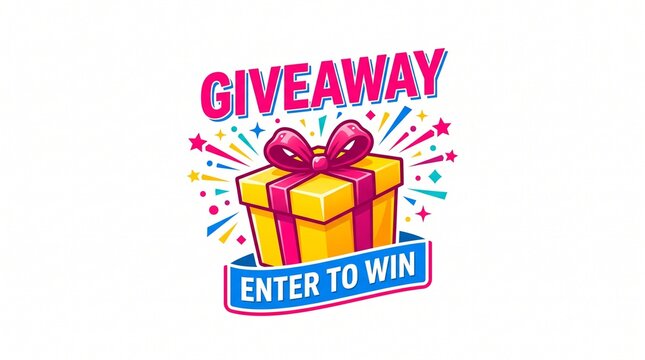 Bright colorful giveaway illustration featuring a wrapped gift box, bow, confetti, stars, and an enter-to-win message.