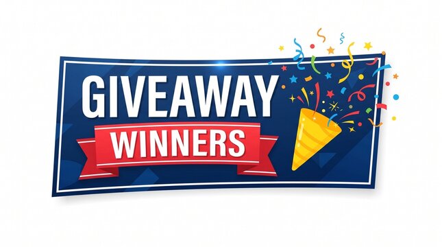 Festive blue promotional banner featuring bold giveaway winner text, a red ribbon, and colorful celebration confetti.