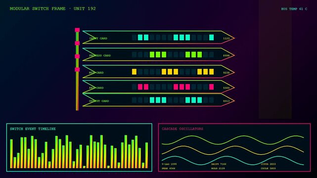 A digital broadcast switcher monitoring interface displays real time signal fluctuations across multiple modular frame units with neon light data graphs and animated stream pulses