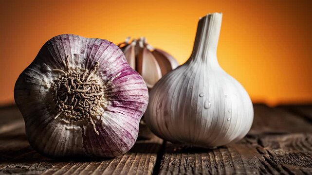 Striking close-up of fresh organic garlic bulbs resting on a rustic wooden table against a warm orange backdrop