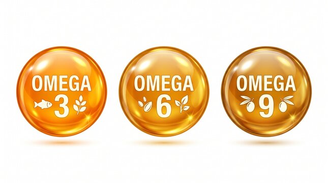 Close-up of glossy golden orange Omega 6 supplement capsules arranged in a row on a clean white background.