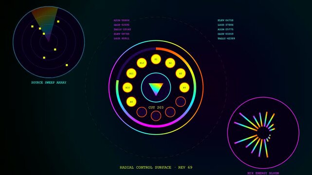 A digital broadcast switcher interface features triple panels displaying rotating radial dials spinning neon light arrays alongside radar scans with numerical data points glowing against darkness