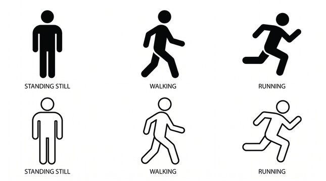 Simple walking person pictograms in solid black and outline styles, suitable for pedestrian and movement signage.