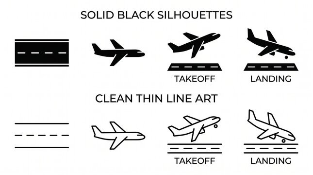 Collection of black airplane silhouettes and thin line aircraft illustrations showing different flight and takeoff positions.