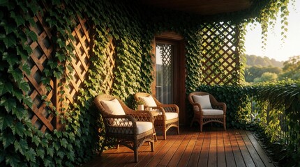 Obraz premium Cozy apartment balcony with wooden lattice wall covered in green ivy. Wicker chairs with white cushions sit on wooden terrace floor. Warm sunlight shines through climbing plants on patio. Peaceful