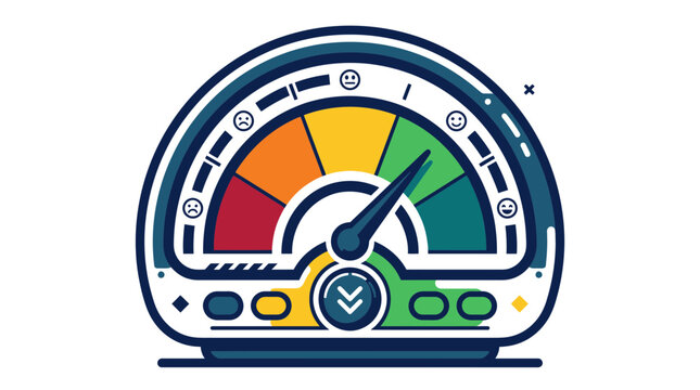 Graphic illustration of a colorful mood meter gauge showing emotional levels with emoticons and pointer