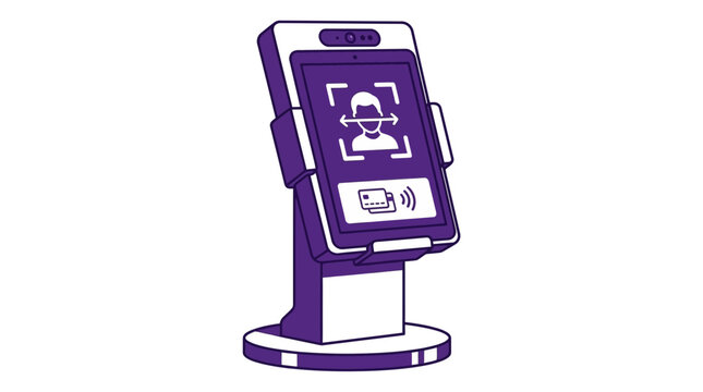 illustration of a modern payment kiosk featuring facial recognition and contactless card reader technology