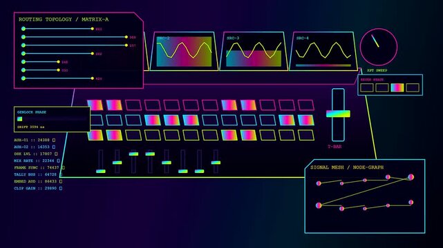 A digital broadcast switcher interface features oscillating audio waveforms and glowing neon controls depicted across a sequence of animated monitoring panels on a dark purple screen