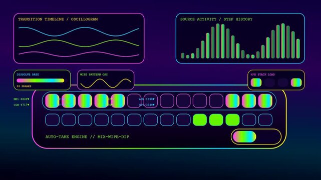 A broadcast switcher digital interface displays changing waveform patterns and active signal levels while glowing in neon blue and purple light during a production process