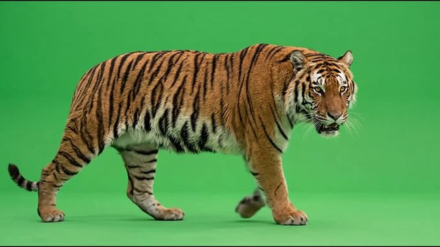 Majestic tiger walking gracefully across a vibrant green screen background in this high quality video footage