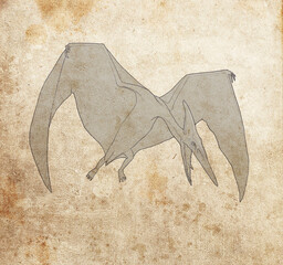 Illustration of a Pteranodon dinosaur on aged parchment paper © Abel