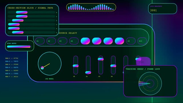 A broadcast switcher control console interface displaying digital signal path tracking information with glowing neon sliders and circular data meters in a dark virtual studio environment