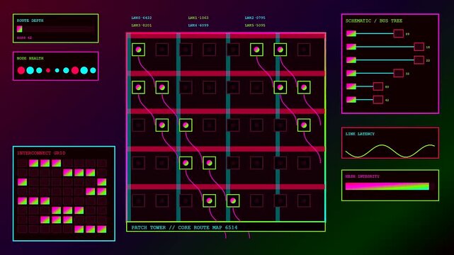 A broadcast switcher interface showing dynamic node connections and data flow graphs captured in a sequence of frames representing active digital infrastructure within a dark room
