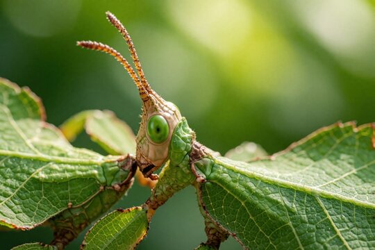 Macro shot of leaf insect nymph head. Green Phyllium bug shows large eye, long antenna on foliage. Small insect mimics plant texture for camouflage in tropical forest. Detailed closeup of exotic