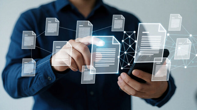Adult male uses smartphone to manage digital documents via touch screen interface. Man interacts with floating virtual files, data icons in cyberspace. Business pro handles online paperwork using
