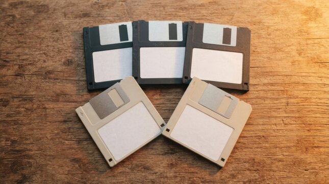 Vintage Floppy Disks on Wooden Surface