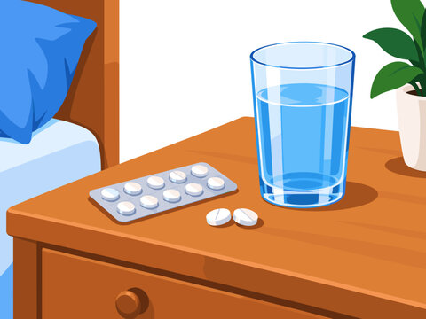 Pills and water are on a bedside table in a bedroom setting during the day