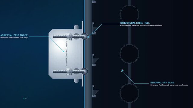 Educational animation detailing cathodic protection using a sacrificial zinc anode on a structural steel hull, illustrating electron flow, anodic dissolution, and cathodic immunity polarization